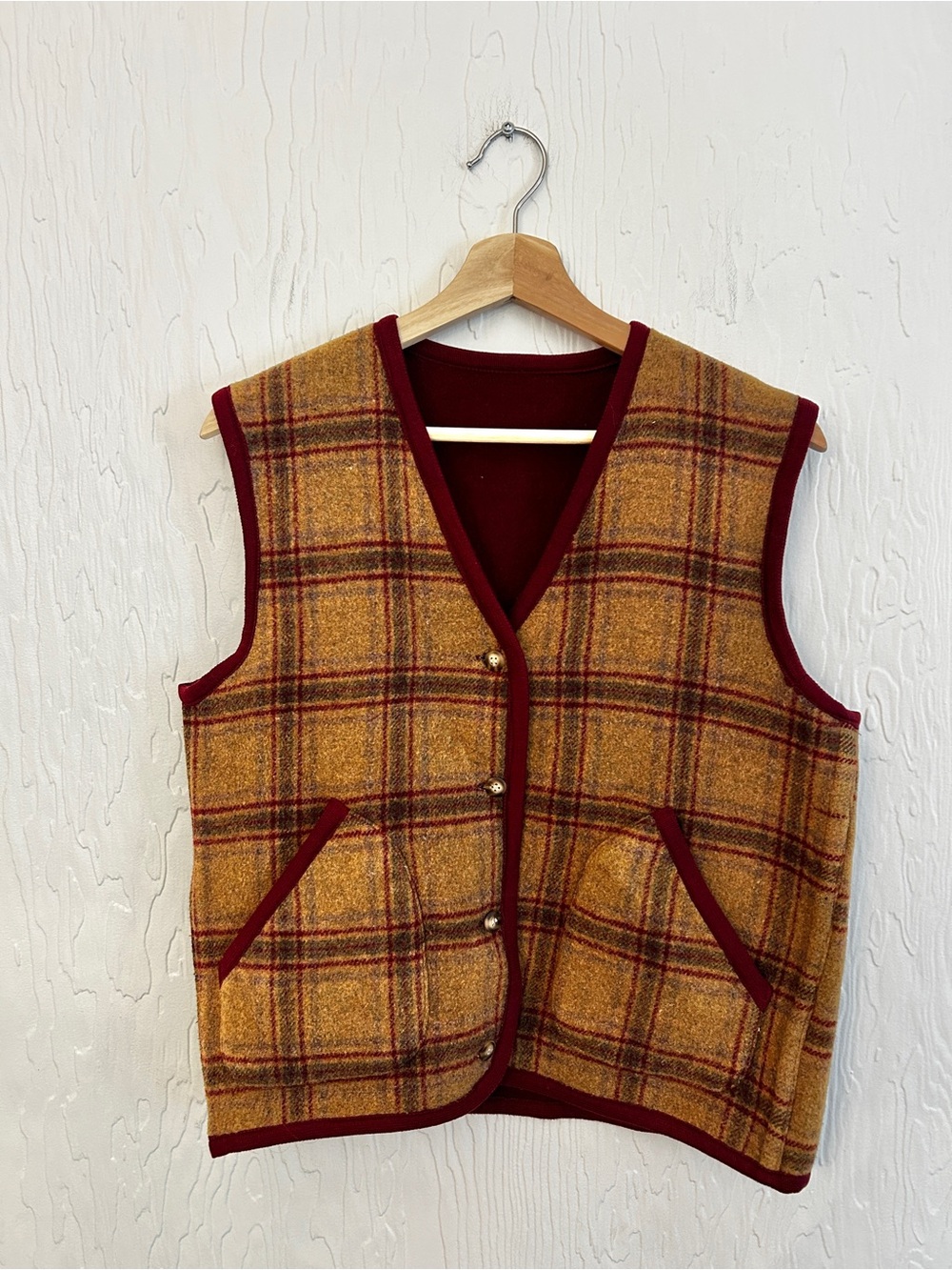 Reversible Plaid Fleece Vest Women's Sm/Med Burdungy Tan Autumn Layer Granola
